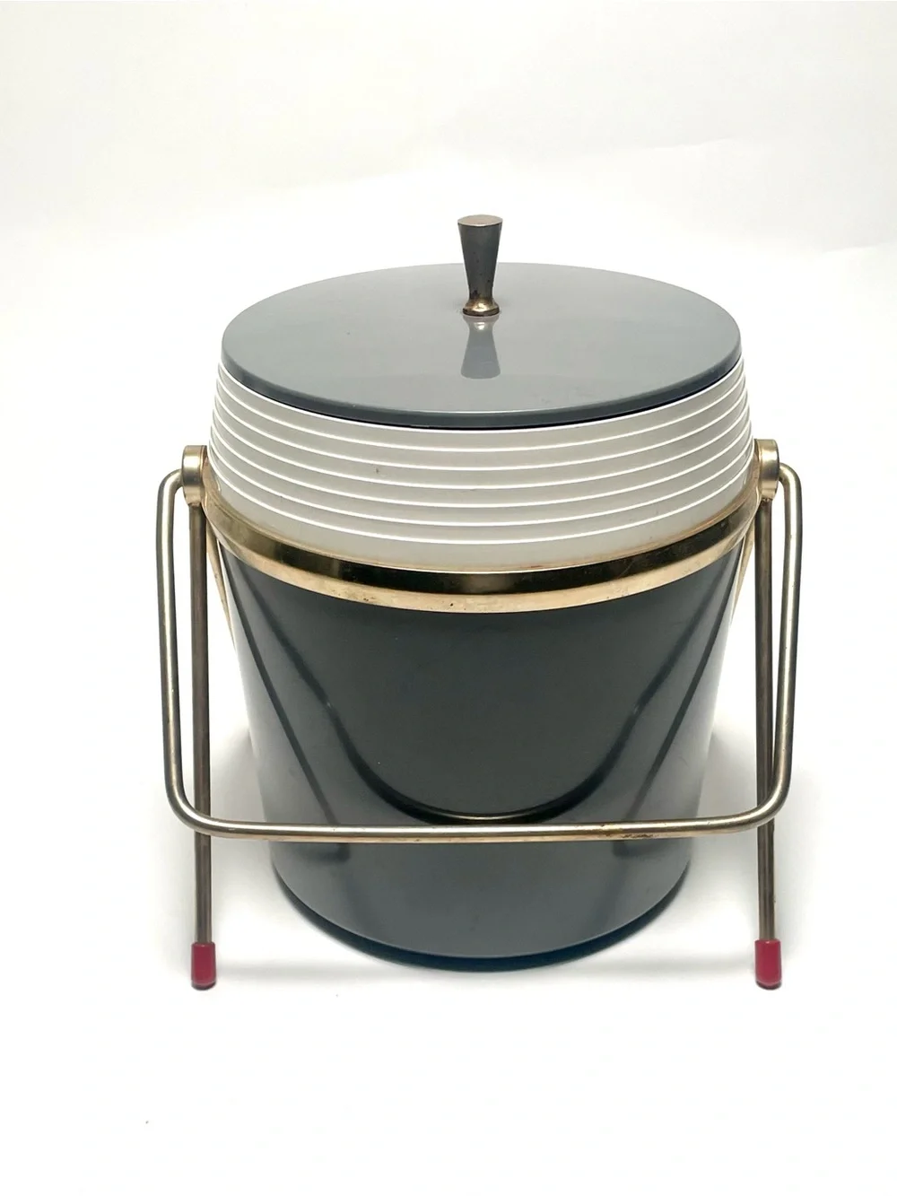 Vintage Mid Century Modern Charcoal Grey Ice Bucket & Metal Caddy Stand Legs